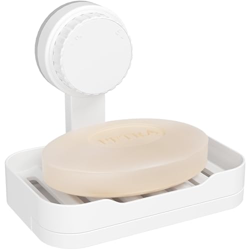 Lifewit Jabonera Ventosa para Ducha, Soap Holder con Desagüe, Jabonera de Plástico sin Taladrar, Estanteria Ventosa Extraíble de Pared para Ducha, Portaesponjas de Cocina, Blanco