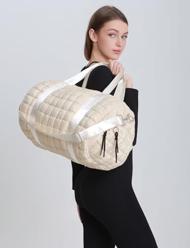 Quilted Duffel Gym Bag for Men and Women Carry On Travel Sport Weekender Bag, Off White4