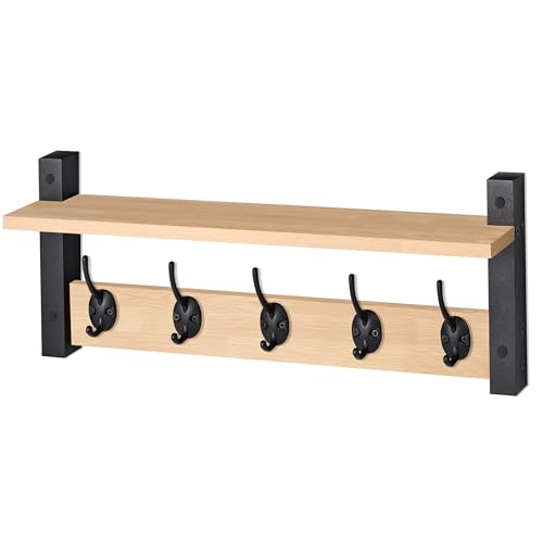 Sorbus Coat Hooks Wall Mount with Shelf – 24 Inch Coat Rack Wall Mount with 5 Heavy Duty Hooks – Floating Wall Shelf with Hooks for Entryway, Bathroom, Bedroom, Kitchen, or Mudroom (Maple Wood) by Sorbus - Used condition - Image 8