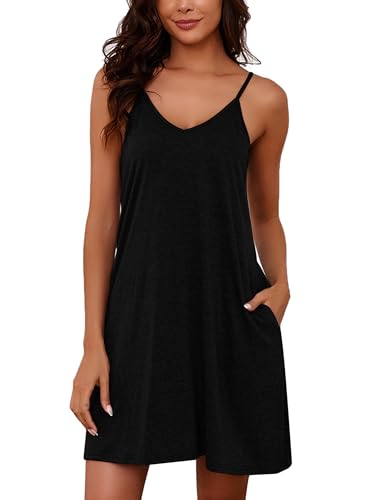 Marvmys Full Slip for Women Under Dress Spaghetti Strap Short Nightgown Cotton Nightie Sleepshirt Black XL