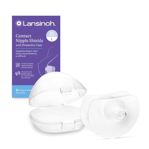 Image of Lansinoh Contact Nipple Shields for Nursing Mothers, with Case, 2 Count | Ultra-Thin Soft & Flexible Silicone Shields (24mm or 1 inch) for Sensitive Nipples and Latch-On Support