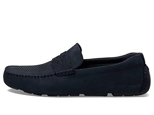 Image of Cole Haan Men's Grand Laser Driver Penny Loafers, Navy Ink Nubuck /Pavement, 9.5-W US