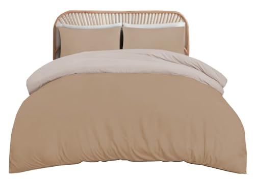 funky gadgets Double Duvet Set – Soft Brushed Microfiber Plain Dyed Duvet Cover Sets with Pillow Cases- Reversible Bedding Quilt Cover Set (Mink & Cream)