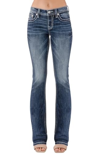 Miss Me Women's Sequined Cross Stitch Embellished Faux Flap Pockets Mid-Rise Bootcut Jeans2