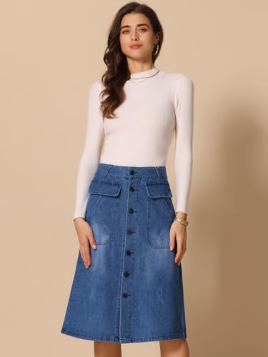 Allegra K Women's A-Line Midi Skirts Button Front High Waist Jean Denim Skirt3