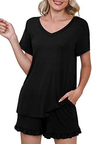 PrinStory Womens Pajamas Set Lounge Sets Short Sleeve Sleepwear Soft Pjs Shorts Set with Pockets3