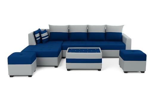 Image of FURNY Stylecon 8 Seater Fabric LHS L Shape Sofa Set with 1 Centre Table & 2 Ottoman (Blue-Light Grey) | Premium Velvet Finish | Durable Comfort | Ideal for Living Room