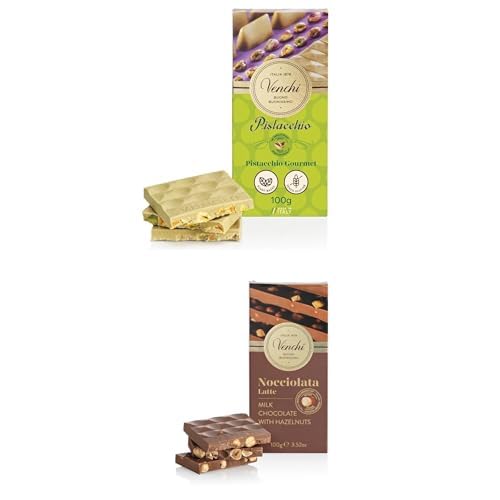 Venchi - 2 Tabletas, Tableta de Chocolate con Leche con Avellanas del Piamonte IGP Enteras Y Tableta de Chocolate Gourmet de Pistacho, Sin Gluten, Sin Colorantes y Sin Conservantes