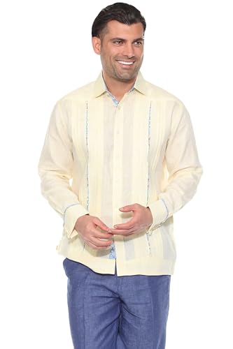 Mojito Men's 100% Linen Guayabera Chacabana Shirt Long Sleeve - Floral Contrast Trim & Blue Embroidery
