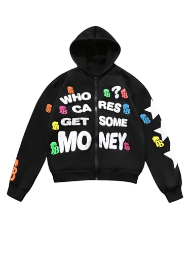 WDIRARA Men's Full Zip Up Hoodie Sweatshirts Letter Print Long Sleeve Hooded Jackets Outerwear