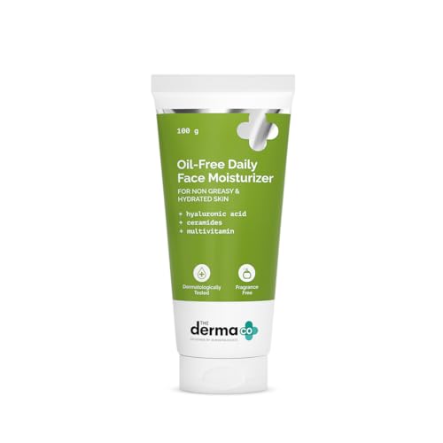 The Derma Co Oil-Free Daily Face Moisturizer | with Hyaluronic Acid & Ceramides | Gives Non-Greasy & Hydrated Skin & Helps Strengthens Skin Barrier | 3.53 Oz/100g