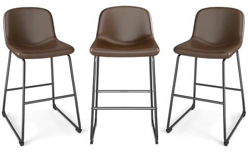 TAVR Furniture Counter Stools Set of 3, 24 inch Counter Height Bar Stools Hold up to 500 lbs, Armless Counter Height Chairs with Metal Legs & Soft Backrest for Kitchen Island Coffee Shop, Brown