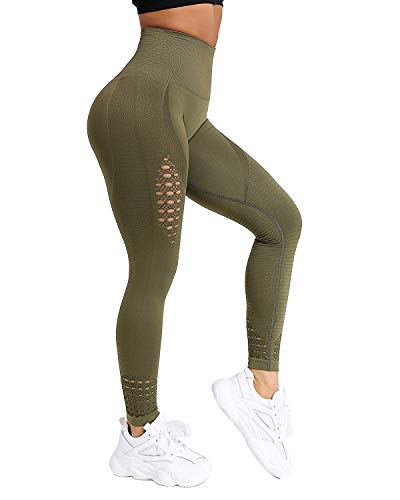 FITTOO Women High Waist Hollow Out Lace Patchwork Slim Yoga Pants Fitness Gym Workout Leggings, XL, Army Green