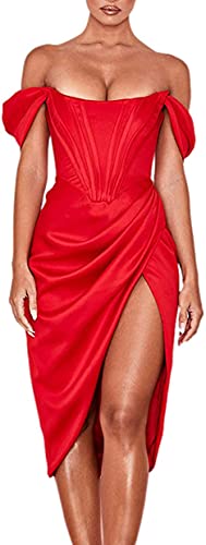 Satin Silk Off Shoulder Wedding Guest Dresses for Women Slip Midi Bustier Tube Cocktail Dress with Slit (A Red,Small)