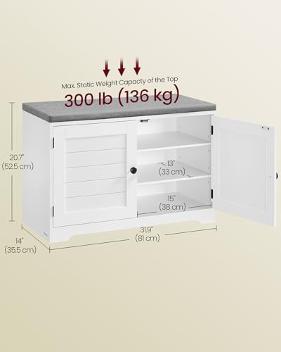 Image of VASAGLE Shoe Storage Bench with Cushion, 3-Tier Entryway Bench with Padded Seat, Doors, Adjustable Shelves, 14 x 31.9 x 20.7 Inches, for Hallway, Bedroom, Cloud White and Dove Gray ULSB034W01