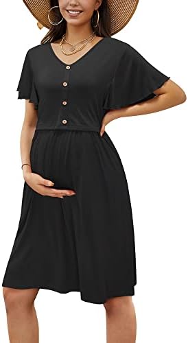 LAISHEN Women's Ruffle Short Sleeve Maternity Dress Button Down Nursing Dresses for Breastfeeding(Black,M)
