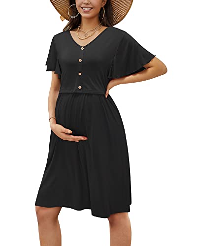 Laishen Women's Ruffle Short Sleeve Maternity Dress Button Down Nursing Dresses For Breastfeeding(Black,M) #TOP7