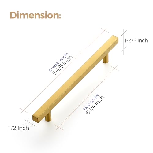 Image of Ravinte 20 Pack 6-1 /4 Inch Cabinet Pulls Gold Sqaure Kitchen Cabinet Handles Gold Cabinet Hardware Stainless Steel Drawer Pulls 8-4 /5 Inch Overall Length with Mounting Template