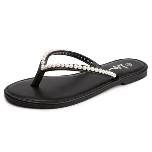 Image of LM Women's Pearls Strappy Flat Sandals Thong Sandals Flip Flop Slip On Slide Sandals for Women Dressy Summer