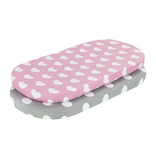 Image of 2-Pack Bassinet Sheets - 100% Cotton Jersey Knit Hearts and Dots Bassinet Mattress Pad Fitted Sheets for Baby Girl; Compatible with Bassinet Bedside Co-Sleeper Lounger Brands; Oval Rectangle Mattress