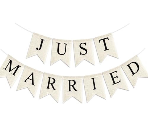 Just Married Banner Burlap Vintage Rustic Just Married Banner Cream White with Black Letters Pre-Assembled Engagement Wedding Car Decoration Wedding Bunting Bridal Shower Decoration