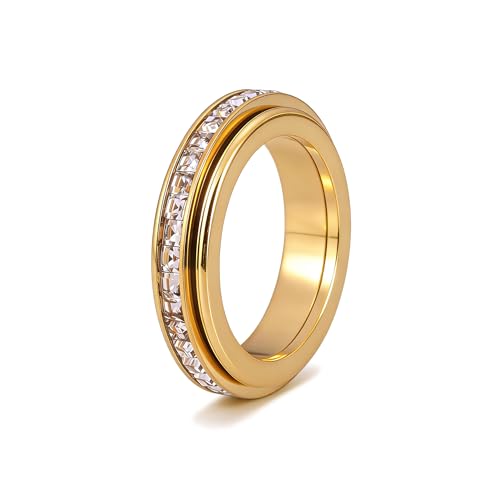 Bopiu Anxiety Rings Titanium Steel Spinner Fidget Band Rings for Women Cubic Zirconia Relieving Anxiety Wedding Promise Lucky Statement Rings Comfort Fit Size 5 to 11 Gold 7
