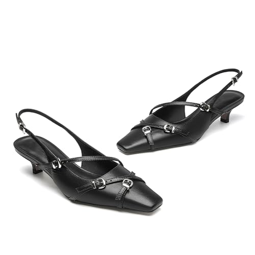 LEMUTISME Women's Stylish Matte Leather Square Toe Buckled Dressy Low Kitten Heel Chic Strappy Slingback Pumps Shoes3