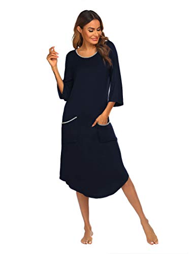 Ekouaer Long Nightgown Womens Lounge Dresses with Pockets O Neck 3/4 Sleeve Maxi Nightshirt Sleepwear-Navy Blue S