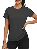 MAGCOMSEN T-shirt d'été léger pour femme - Manches courtes - T-shirt de fitness à séchage rapide - UPF 50+ - Couleur unie - Pour le jogging, la randonnée, gris foncé, L
