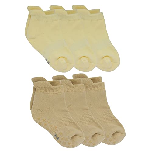 Bemesu Chaussettes pour bébé Chaussettes en coton antidérapantes Chaussettes pour enfants Chaussettes douces pour la maison Mélange Chaussettes demi-éponge 6 paires Jaune,beige (M,12- 18 M) Cover