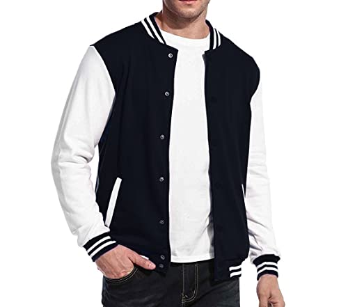 Maximos New Men's Premium Classic Snap Button Vintage Baseball Letterman Varsity Jacket (Navy White,M)