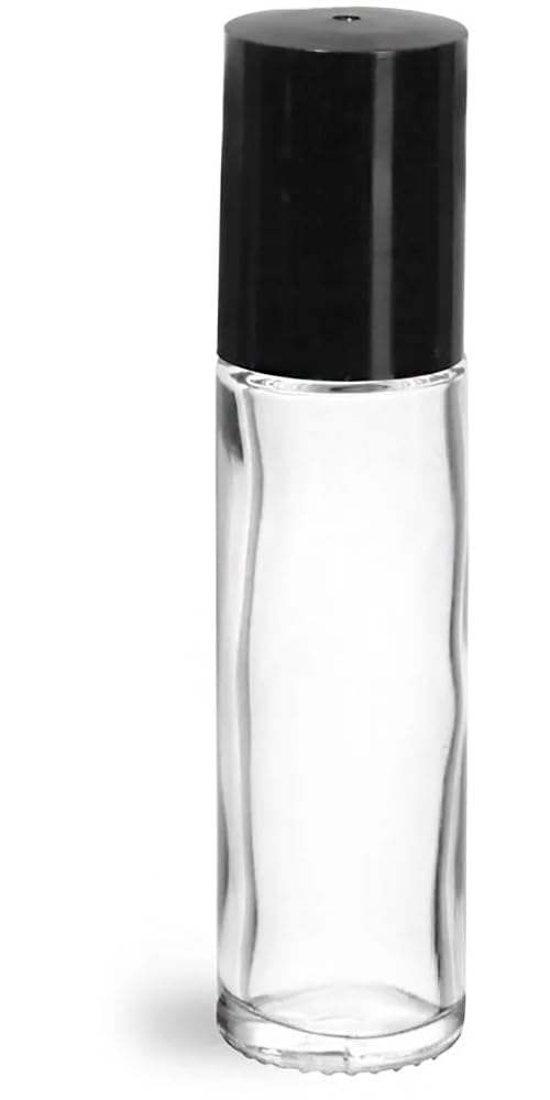 SKS Bottle & Packaging, Inc. .35 oz Black Clear Glass Roll On Containers w/PE Ball and Black Caps