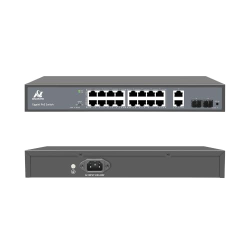 ONWOTE 16 Ports Gigabit PoE Switch 300W, 10/100/1000Mbps Self-Adaptive | 16x 1Gbps PoE Ports, 2x SFP Ports, 2x RJ45 Ports, Unmanaged Network Ethernet Splitter for NVR PoE Security Camera System miniatura 1