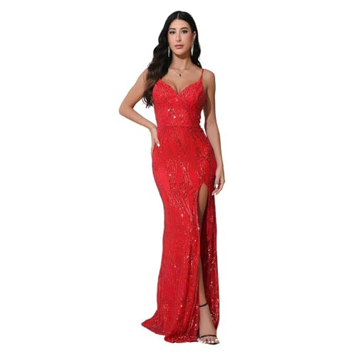 WEI YI HUI Womens Sexy V-Neck with Thin Spaghetti Straps Sequin Dress Wedding Guest Dress Backless Dresses for Women Red