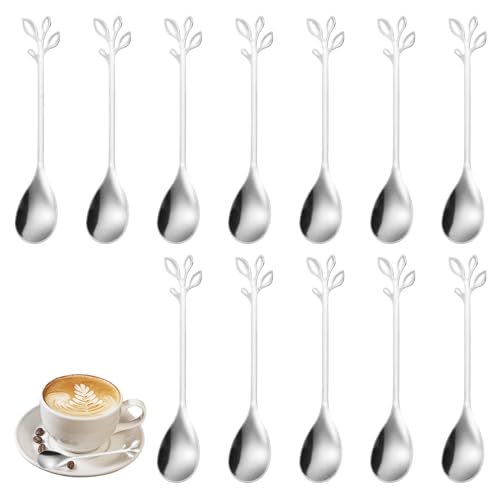 Annlpoy 12 Piezas cucharas de postre con Diseño de Rama,cucharillas para cafe hosteleria, Cucharillas para Té y Postres, Elegantes y Duraderas, para Hogar y Cafeterías, Color Plata