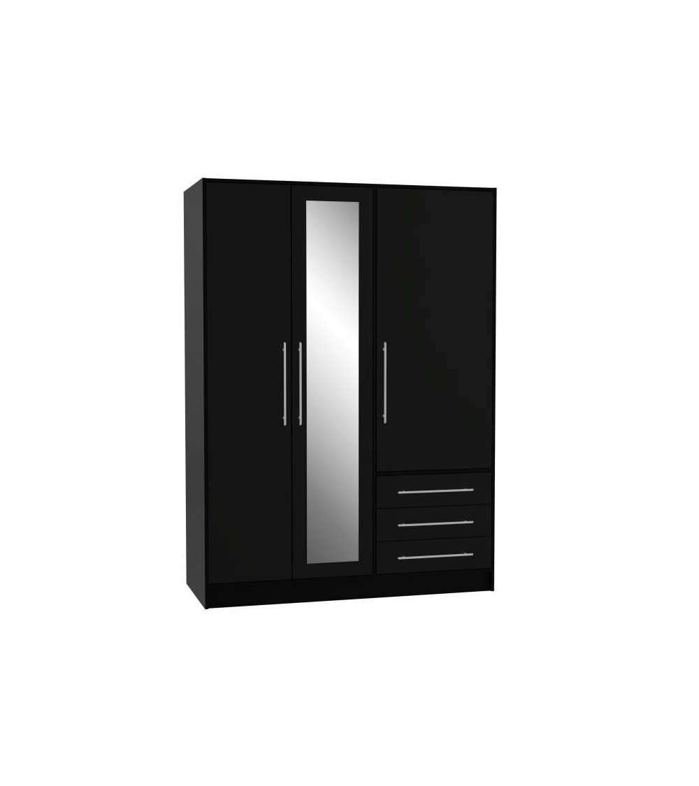 Forte Jupiter Kleiderschrank 145 150, moderner Drehtürenschrank, 3-türig, 2 Schubladen, Schlafzimmer, Holzwerkstoff, Schwarz, 144,6 cm breit x 200 cm hoch x 60 cm tief