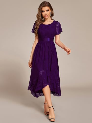 Image of Ever-Pretty Women's Lace Short Sleeve Round Neck Empire Waist Midi High Low Evening Gown 03489