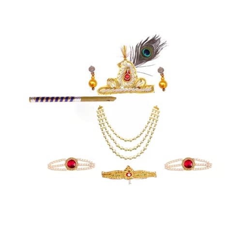 Image of ITSMYCOSTUME Krishna Dress for Baby Boy Kids Set of 10(Dhoti,Patka,Hip Cover,Mukut,Morpankh,Bansuri,Kamarband,Bajuband,Kundal) Little Krishna Ji Kanha Janmasthmi Costume for Kids