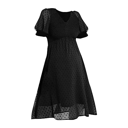 Vestido de verano para mujer, talla grande, holgado, con lunares lisos, manga corta, cuello en V, cintura alta, vestido de embarazo, color sólido, vestido largo de boda vintage, Negro, S