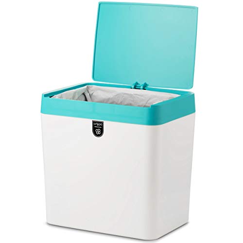 Crippa Countertop Trash Can | Mini Trash Can with Lid | 1.5 Gallon Small Trash Bin | Kitchen Countertop, Table, Bathroom, Office, Desk Trash Can | Plastic Bathroom Wastebasket | White/Turquoise