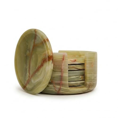 Marble Coasters Set of 6 with Holder 3.5 Inch Round Drink Coasters for Tabletop and Coffee Table Decor Green Onyx