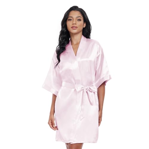 Image of Women's Short Satin Robes Lightweight Silky V-Neck Sleepwear Wedding Bridal Party Bride Bridesmaid Bathrobes