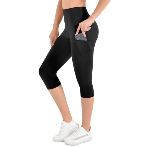 Fawarior High Waisted Capri Leggings for Women with Pockets, Black LXL