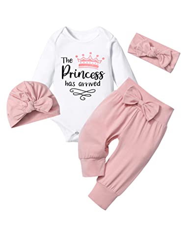 TyeSmo Newborn Girl Clothes Newborn Girl Outfits The Princess Has Arrived White Ruffle Long Sleeve Romper Pink Pant Sets Baby Girls New Born Clothes With Headband