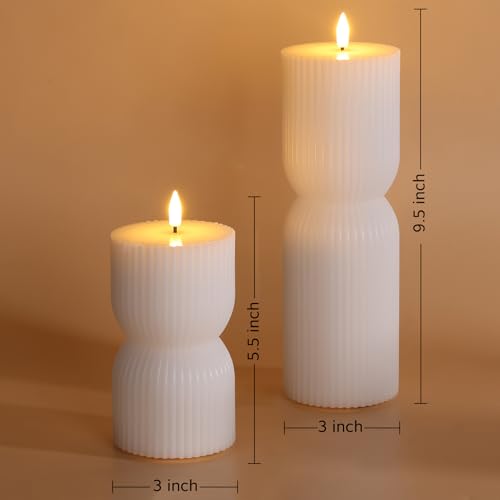 Girimax White Ribbed Flameless Pillar Candles with Remote, Real Wax Flickering Battery LED Candles Set of 2 - Thumbnail 2