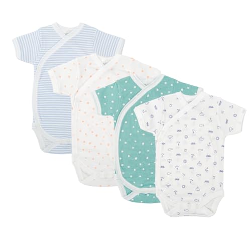 BABIDU Pack 4 Bodys Bebé Cruzado Manga Corta Algodón 100% Suave Transpirable, Ropa Primera Puesta Niño y Niña Unisex, Body Recién Nacido Ideal para Piel Sensible y Uso Diario