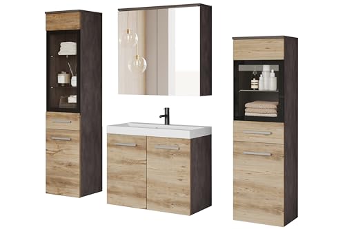 PIASKI Conjunto de Muebles de baño Udine, Lavabo Incluido, Juego de Muebles de baño, Armario Alto, Mueble de Lavabo, Espejo, Armario acristalado, sifón y lavaboincluido (Matera/Castaño LED)