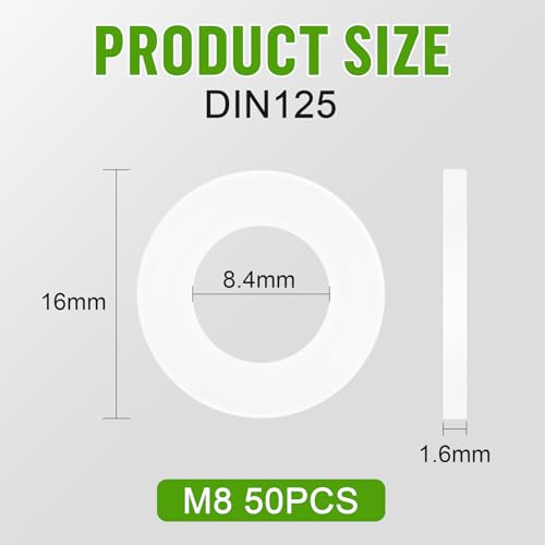Jeboler 50 Stück Kunststoff Unterlegscheiben M8, DIN 125 Nylon Beilagscheiben Flache Kunststoffscheiben Karosseriescheiben Distanzscheiben mit Kleinem Außendurchmesser für Schrauben & Muttern