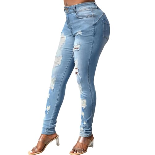Women's Summer High Waisted Ripped Jeans Tight Fitting Stretchy Comfortable Casual Pencil Pants3