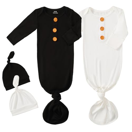 Image of OPAWO Knotted Gown Baby Newborn Sleepers Baby Boy Coming Home Outfit, Bamboo Viscose Baby Gowns with Mitten Cuffs and Hat Set
